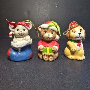 Vintage 1986 Porcelain Giftco Mouse, Dog, & Bear Christmas Ornament with Bell